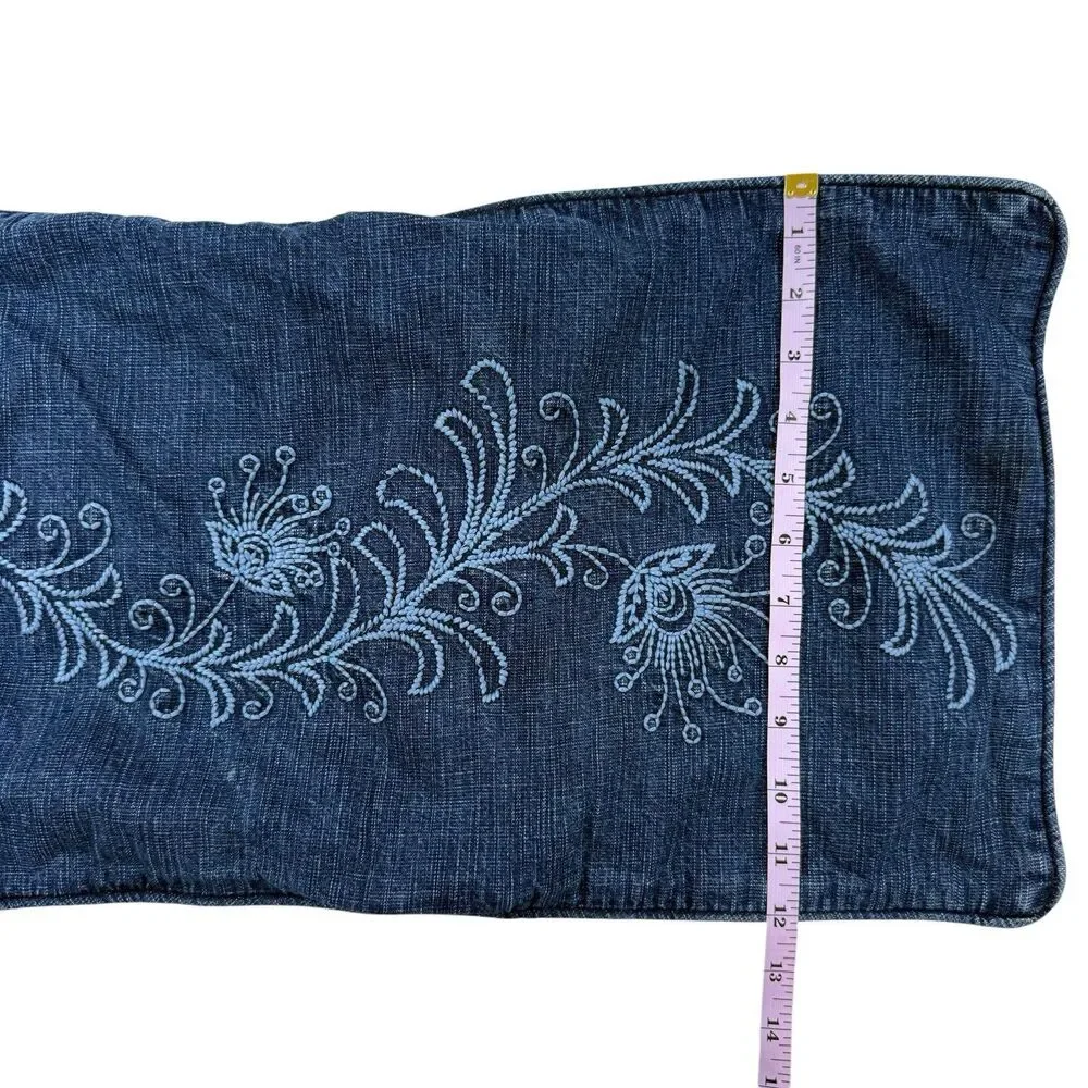 Pottery Barn Lumbar Pillow Cover Sham Cotton Denim Jean Embroidered 12x20 Blue